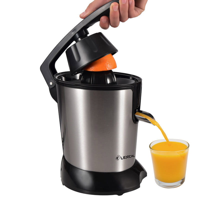 Electric orange juice separation machine made of stainless steel and black plastic with a handle squeezing an orange into a glass demonstrating juice separation.