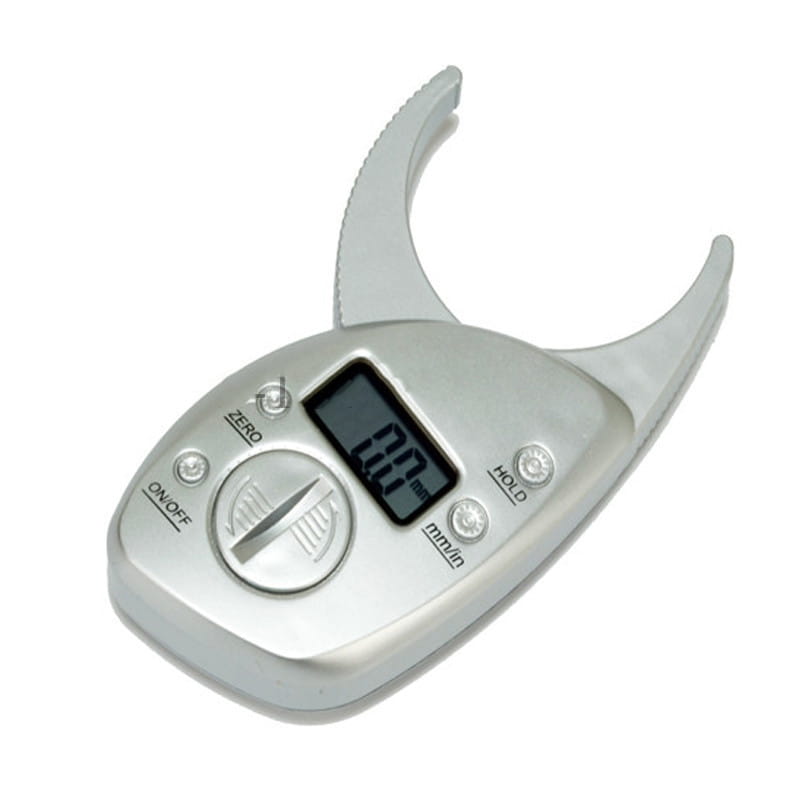 Silver digital body fat caliper with lcd display featuring a sleek ergonomic design for precise body fat measurement.