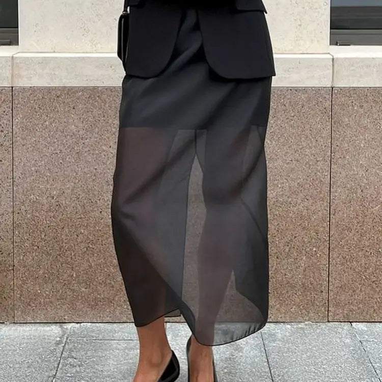 black sheer high waist slit sheath skirt with layered flowing design and midi length