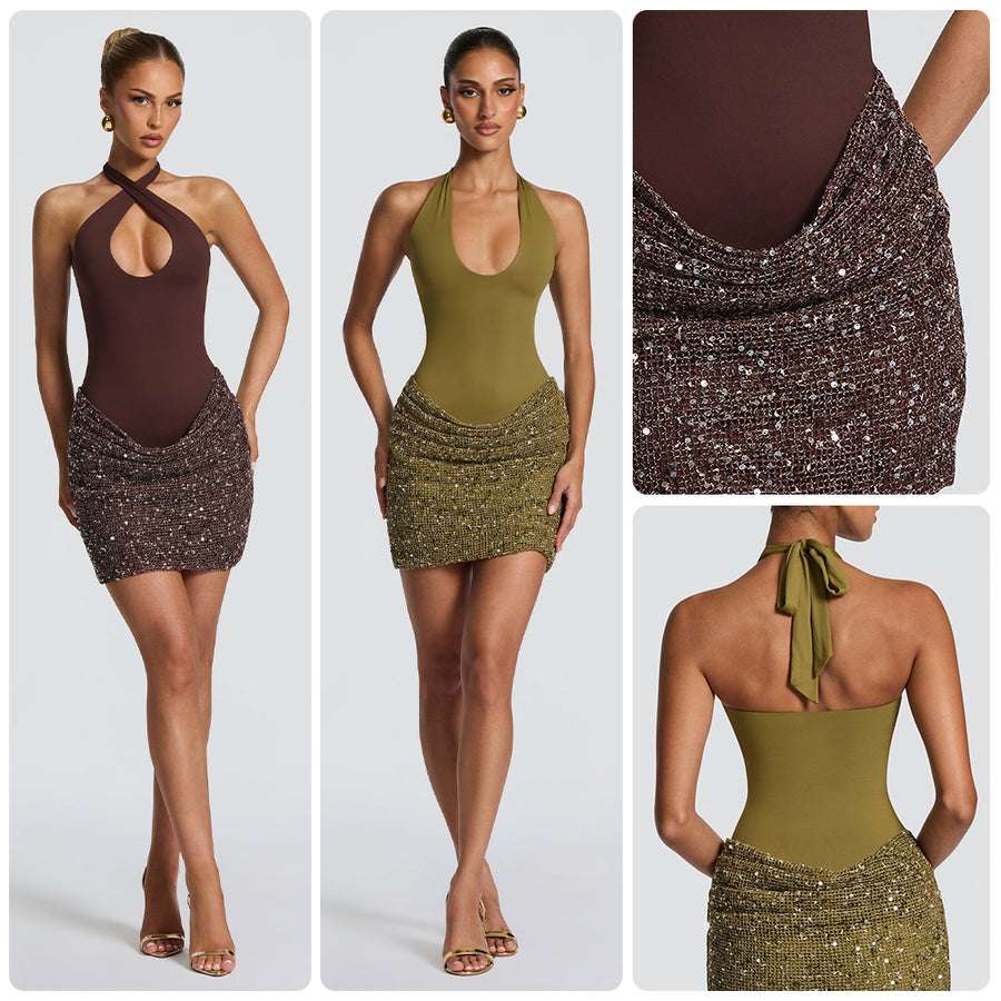 Women's Cross Halter Sequin Ruched Bodycon Mini Dress for Prom and Homecoming