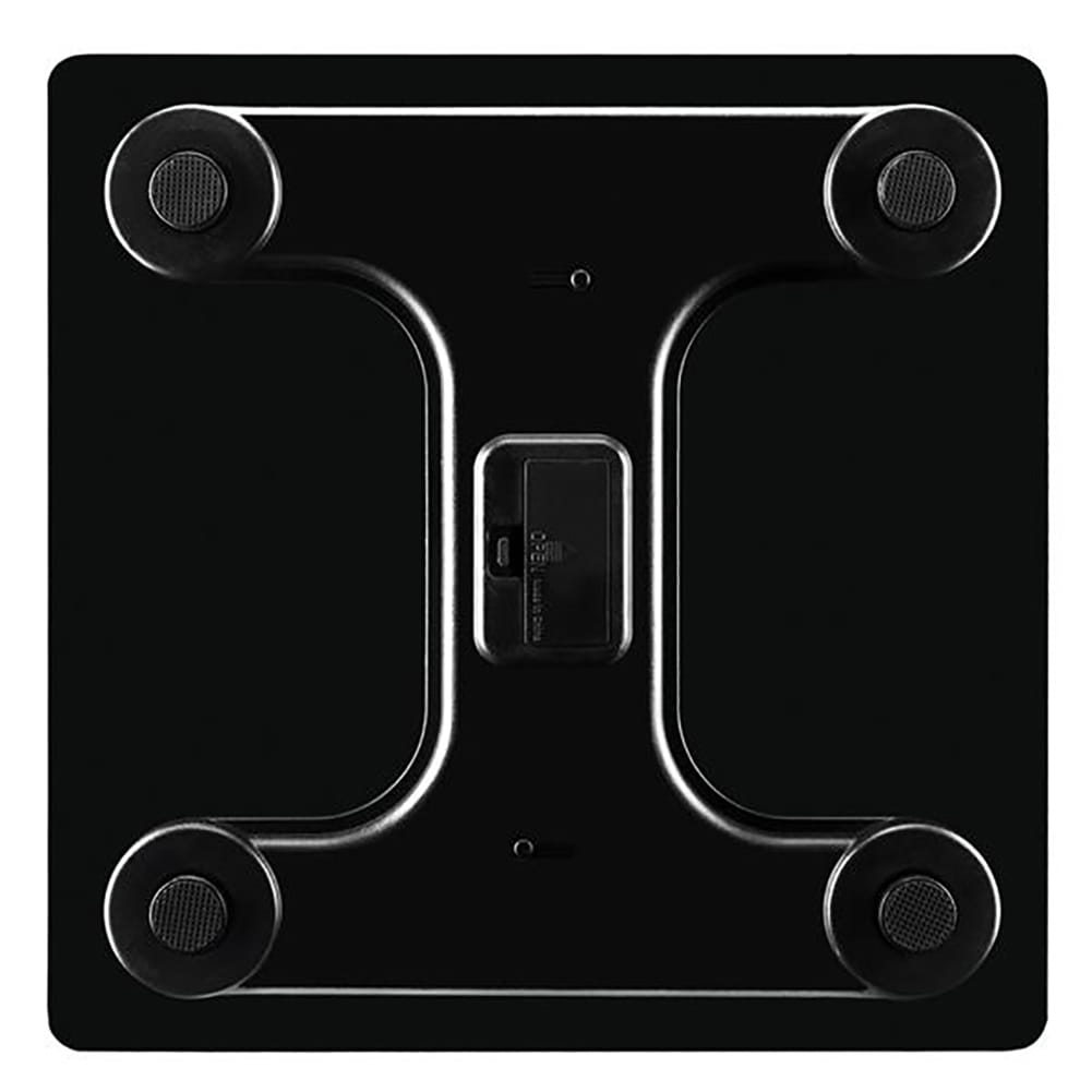 black square digital household electronic scale with black glass surface four circular rubber feet and central battery compartment shown from the back side by scale wholesale manufacturer