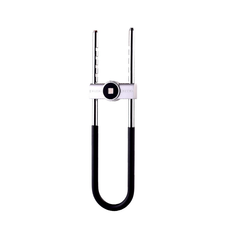 Silver black home smart fingerprint door lock featuring a black and silver u-lock design with a sturdy metallic body and rubberized grip on the handle for enhanced durability.