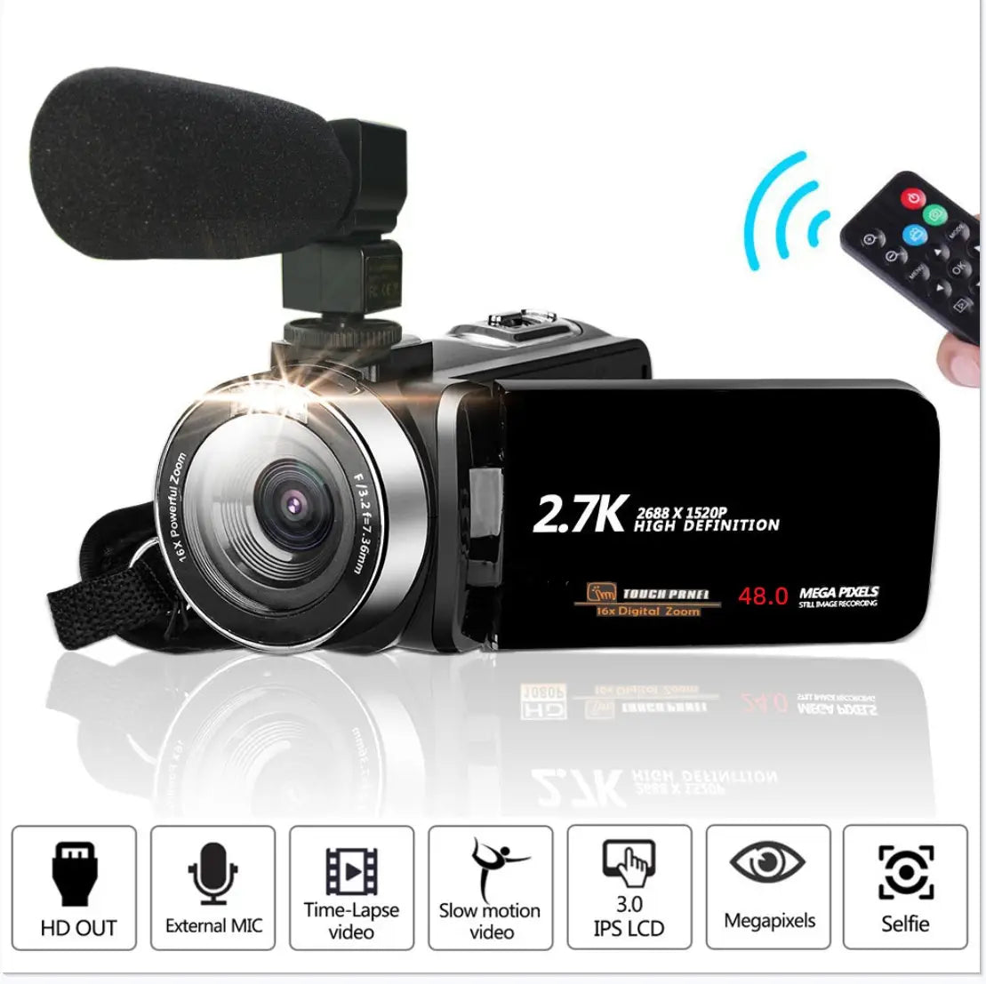 standard black english 2.7k hd digital camcorder dv06s with 48 megapixels features a black digital body, silver lens ring, attached black foam microphone, and a high-definition screen display.