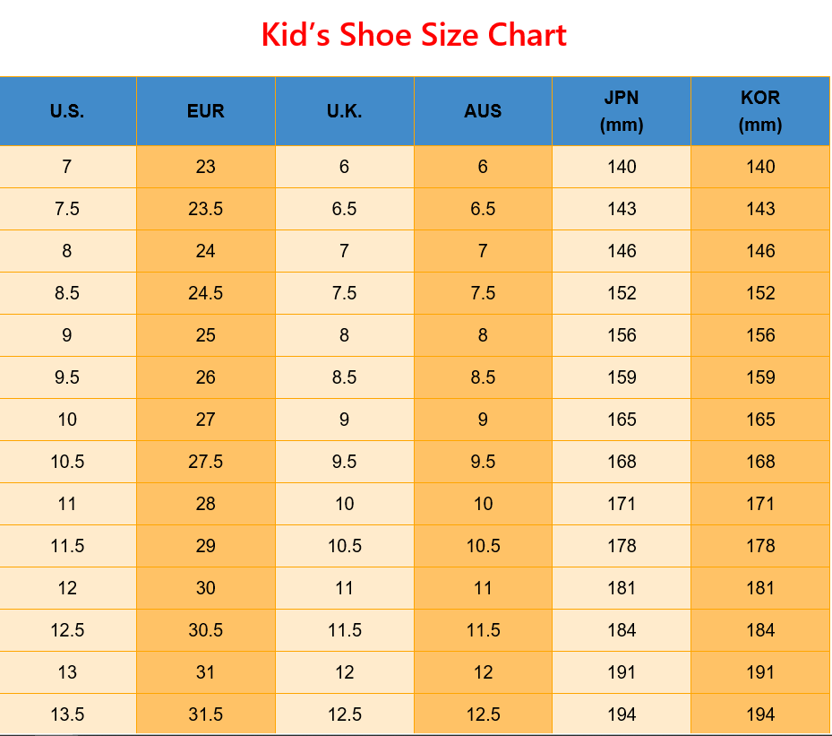 a colorful kids shoe size chart showing u.s european uk australian japanese mm and korean mm measurements for gold sequined baby shoes princess sandals.