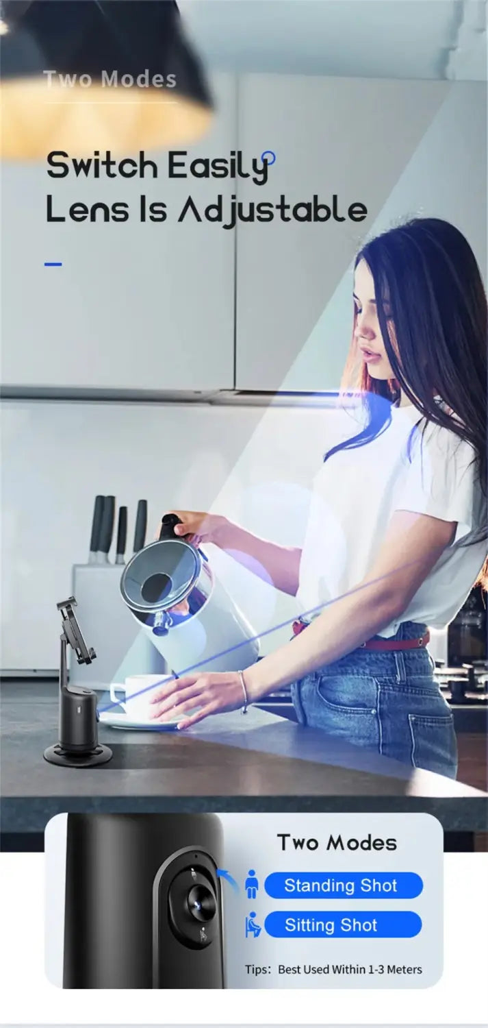 adjustable lens ai smart face tracking gimbal phone holder in white with standing and sitting shot modes for versatile home security using face tracking technology.