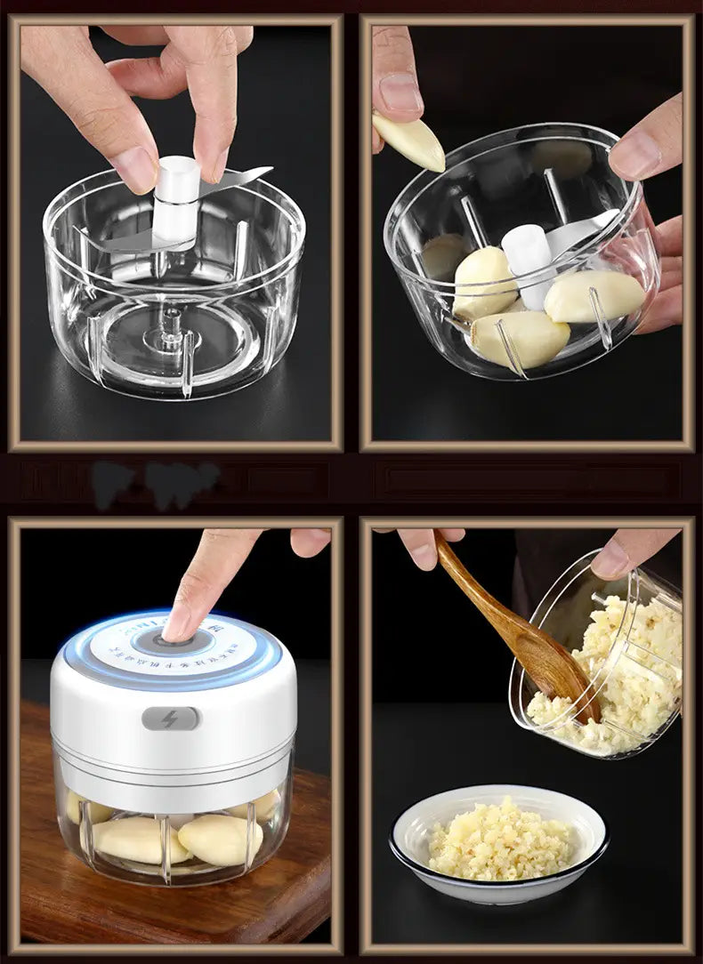 Wireless mini baby electric chopper in white and clear plastic with a circular base, transparent viewing bowl, and push-button control for baby food supplement preparation.