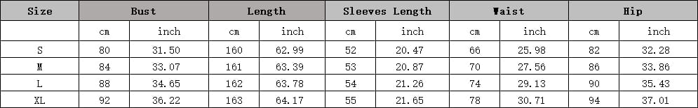 Size chart for a mint long sleeve banquet sequined sheath fishtail dress showing measurements in centimeters and inches for sizes S through XL.