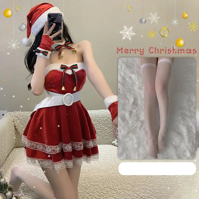 red velvet christmas dress stage anchor costume featuring white lace trim, black and red ribbon bow at the bust, and a matching white belt in a dress stage anchor style.
