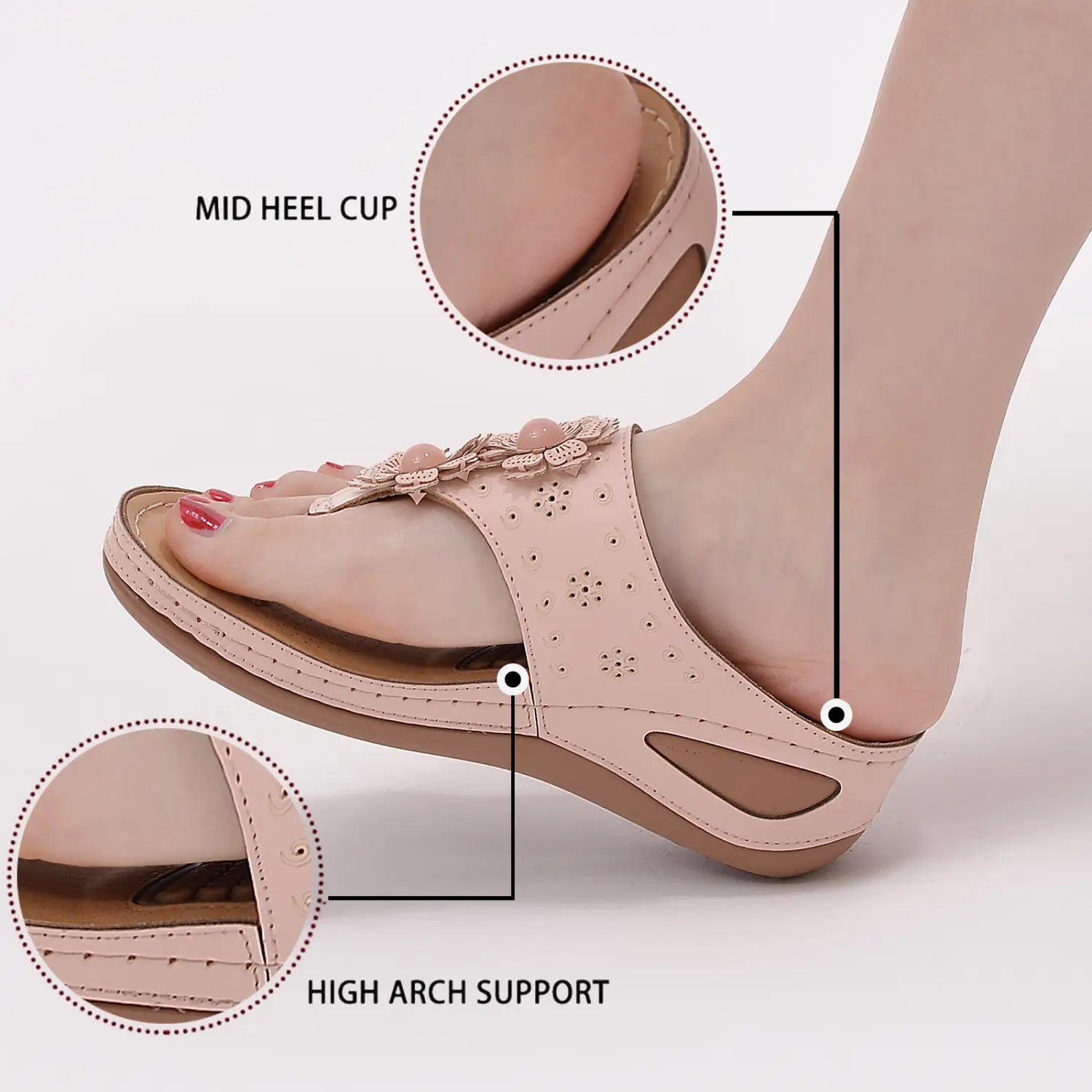 Beige leather slide-on sandal with floral embellishment and mid heel cup design in large size lightweight massage sandals.