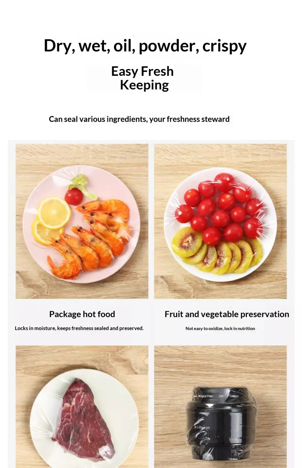 clear transparent plastic food storage wrap used for sealing and preserving freshness of ingredients compatible with portable usb heat sealer and magnetic storage clip for efficient food preservation.