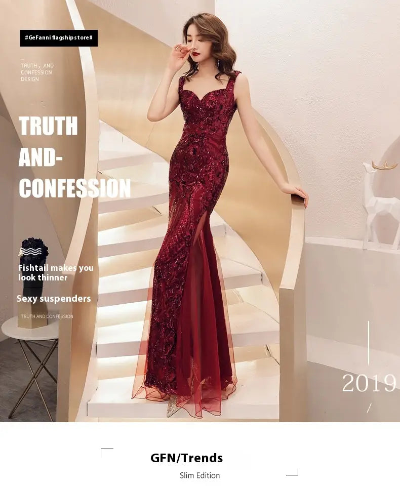 a shimmering burgundy fishtail long summer dress featuring intricate lace detailing and a sheer overlay with summer sequins sling design for evening wear