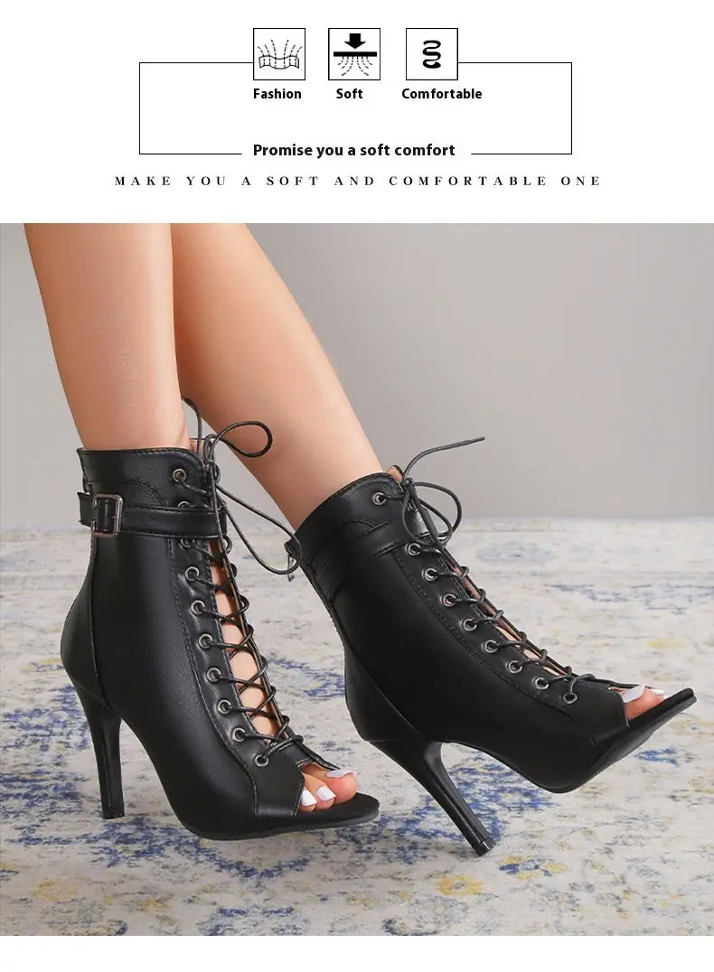 black leather peep toe high heel pumps featuring lace-up ankle boots with buckle detail and a peep-toe design