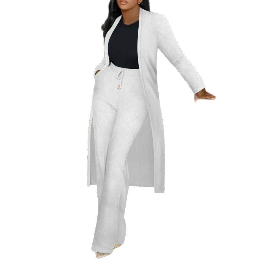 white long cardigan sunken set featuring a sunken stripe wide longline coat with matching wide-leg pants with drawstring waist and relaxed fit