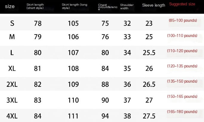 Size chart for a women’s retro black satin v neck puff sleeve dress showing skirt measurements in inches and corresponding weight ranges for black dress sizing guide.