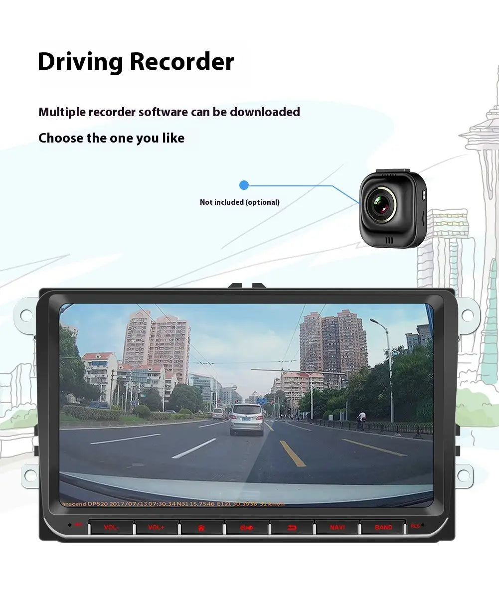black rectangular 9 inch android car bluetooth gps navigation integrated dashboard display with built-in screen showing road view and attached small black camera unit above it