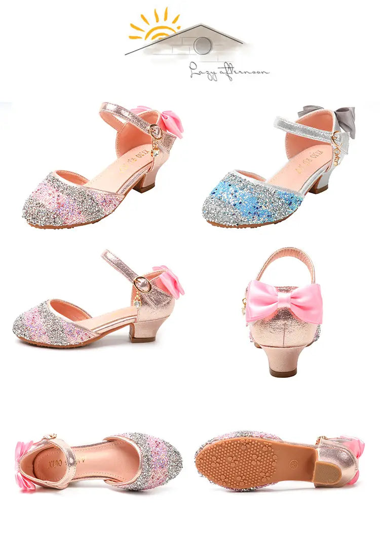 pink and silver glittery girls high heel summer sandals with rhinestone detailing and a bow on the ankle strap
