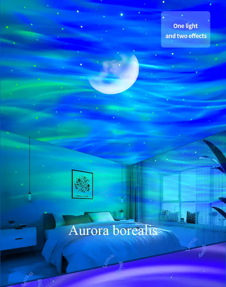 A blue and green double effect northern lights projector lamp displaying a glowing moon and starry sky effect on the ceiling.