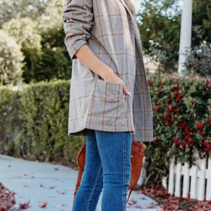 Ladies' Plaid Printed Open Collar Casual Suit Jacket - Royalessencelux