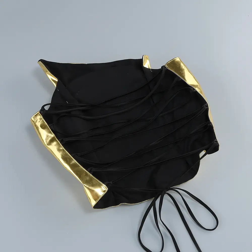black satin crop top with gold metallic trim and adjustable tie-back straps shown as part of slit mop black two-piece set sexy lacing mop black dress