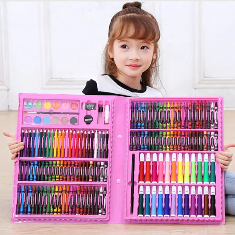 comprehensive watercolor pen and painting set featuring a pink plastic pen set with colorful crayons markers and paint palettes neatly organized in compartments