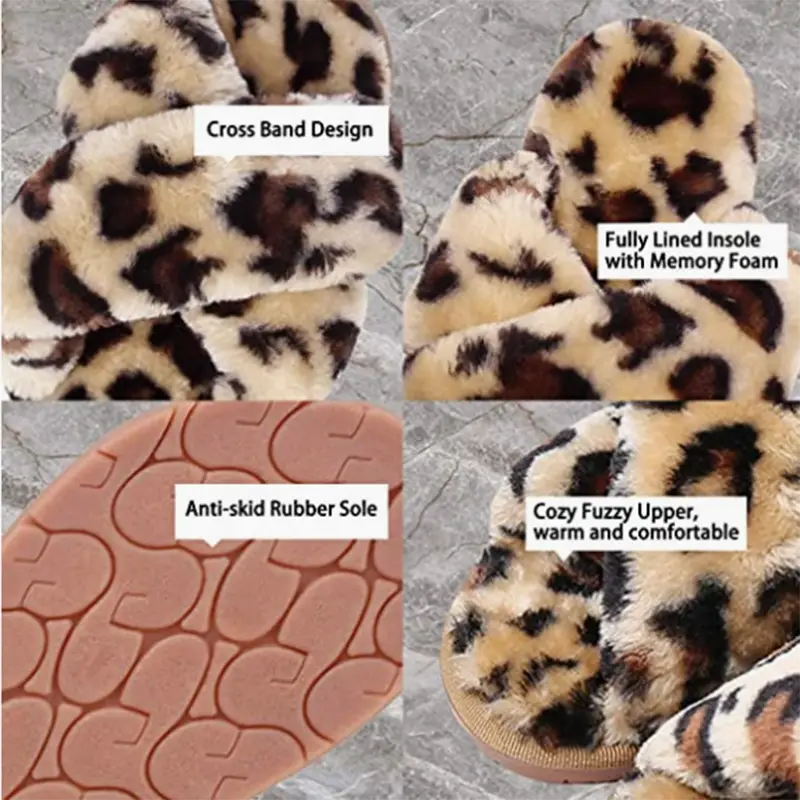 pink cross strap fuzzy slippers leopard plush feature a leopard print cross-band design with memory foam insole and anti-skid rubber sole for comfortable indoor wear as leopard plush house shoes.