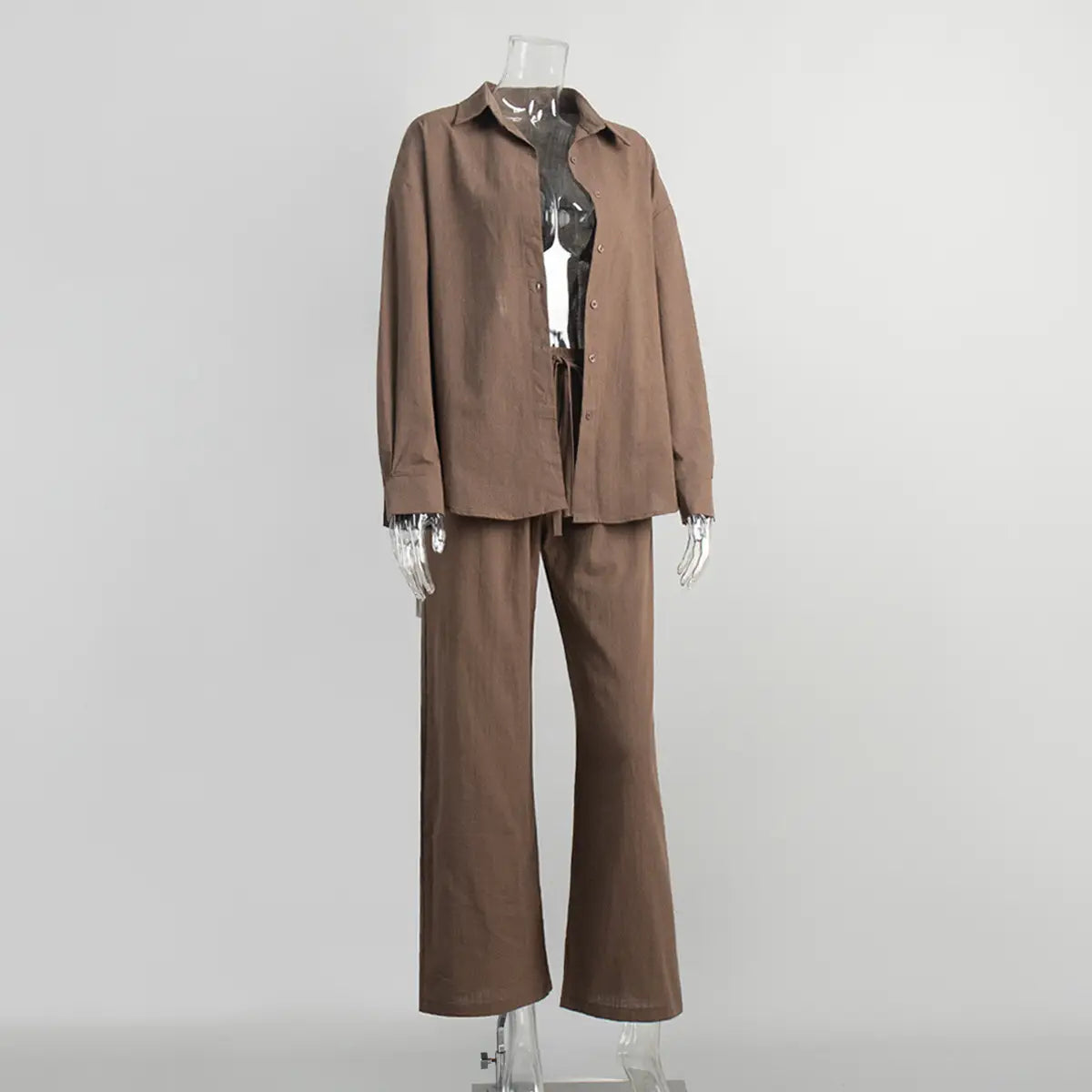 brown linen long sleeve button-up shirt and matching wide-leg cotton shirt trousers suit set