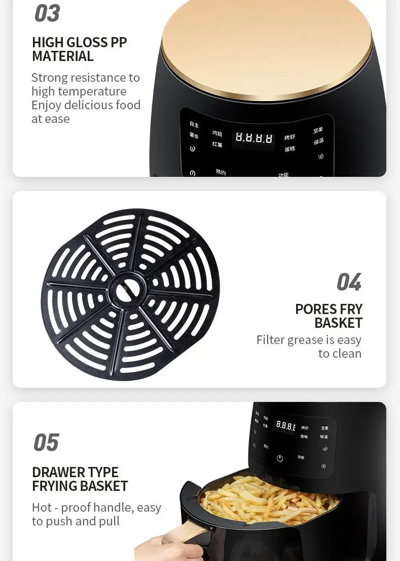 black and gold smart touch air fryer with digital display and removable stainless steel basket