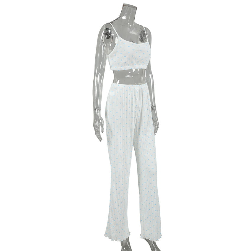 white polka-dot two-piece knitted heart printing ribbed loungewear set featuring a crop top and pleated wide-leg pants designed for heart printing comfortable wear