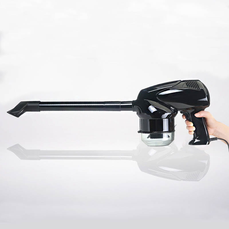 black handheld vacuum cleaner with sleek glossy finish and transparent dust collection container designed for automobile household dry wet use
