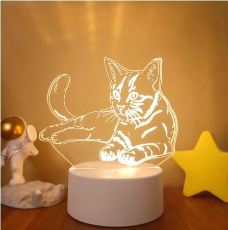a glowing white 3d cat silhouette lamp with a minimalist design emitting soft light from its base featuring colorful touch remote control for adjustable lighting