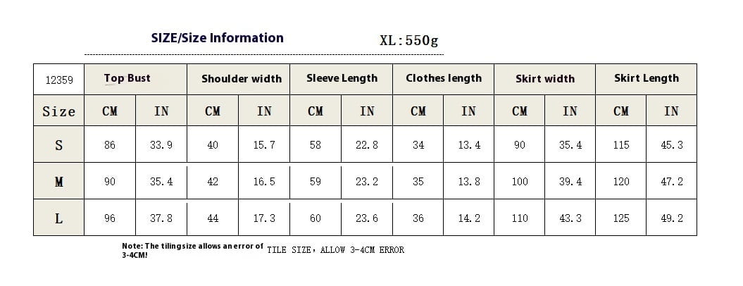 Size chart for a light green long sleeve tied two piece mesh set showing measurements in centimeters for sizes s, m, and l including top bust, shoulder width, sleeve length, clothes length, skirt width, and skirt length.