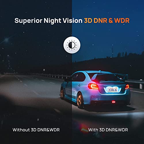 A sleek blue sports car with a black roof and red taillights is shown from the back side with a rear spoiler and illuminated license plate alongside the a500s dash cam with built-in gps.