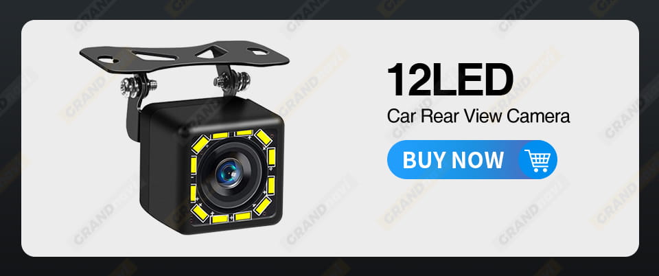 black 12led car rear view camera with yellow led lights around the lens shown from the back side for a 7 inch wireless carplay display with cigarette lighter and car wireless carplay functionality.