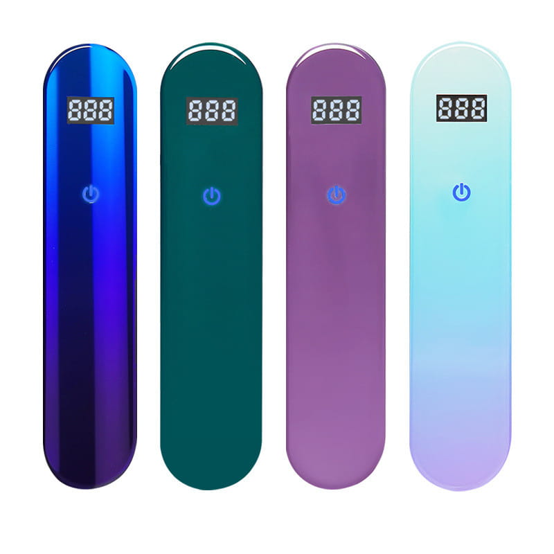 Four sleek gradient-colored handheld electronic uv disinfection sticks royale essence lux with digital displays and power buttons designed for skincare use.
