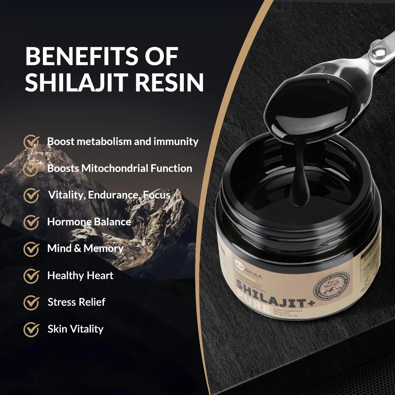 black shilajit resin in a sleek cylindrical glass jar with a beige label and a silver spoon lifting the viscous shilajit resin 50g dietary supplement resin 50g
