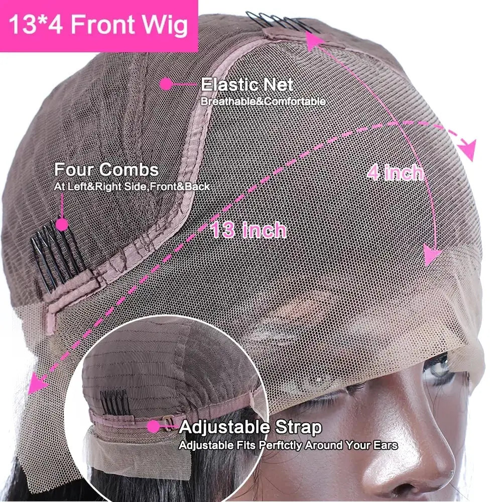 Voluminous curly human hair lace front wig with a 13x4 lace base, four combs for secure styling, and an adjustable strap for a snug fit around the ears.