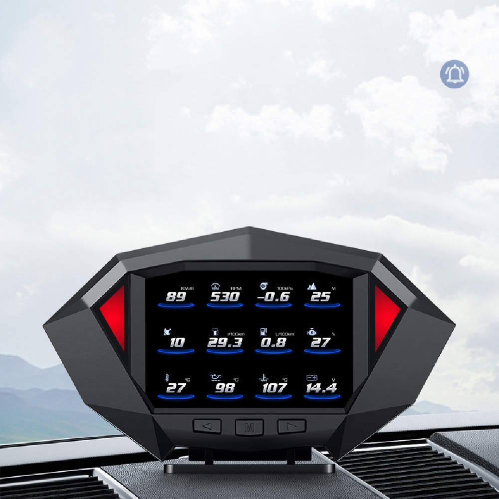 black and red angular dashboard-mounted lcd instrument vehicle display showing vehicle metrics in the black digital lcd instrument vehicle hud head display