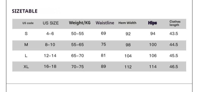 size chart for solid color high waist faux leather slit skirt showing us sizes from s to xl with weight ranges and measurements for waistline, hem width, hips, and clothes length.