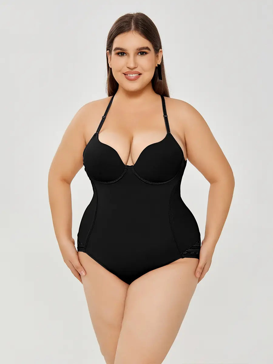 plus size black ultra firm control body shaper swimsuit with thin straps and lace trim at the hem designed for firm control body shaping.