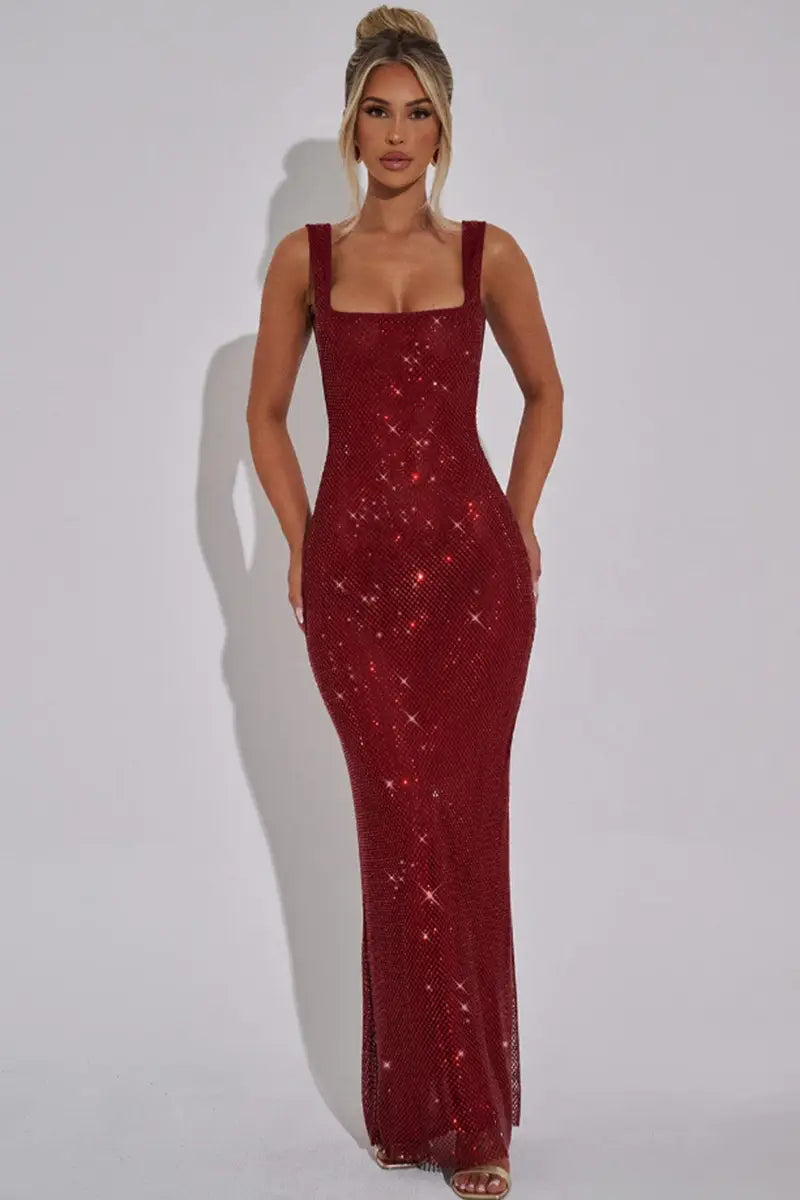 a shimmering burgundy sequined bodycon gown with a square neckline and thin silver strap sequins net drill suspenders