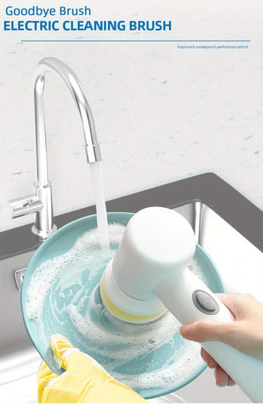 White and yellow 1pc electric spin cleaning brush with a sleek handle being rinsed under running water in a kitchen sink for efficient electric spin cleaning.