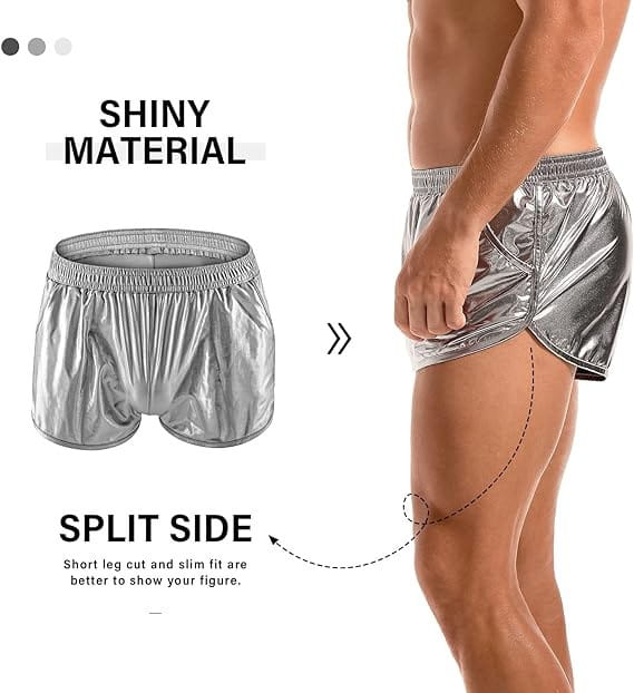 Emerald metallic mens loose casual shorts in shiny silver with a split side design featuring a loose casual trendy fit.