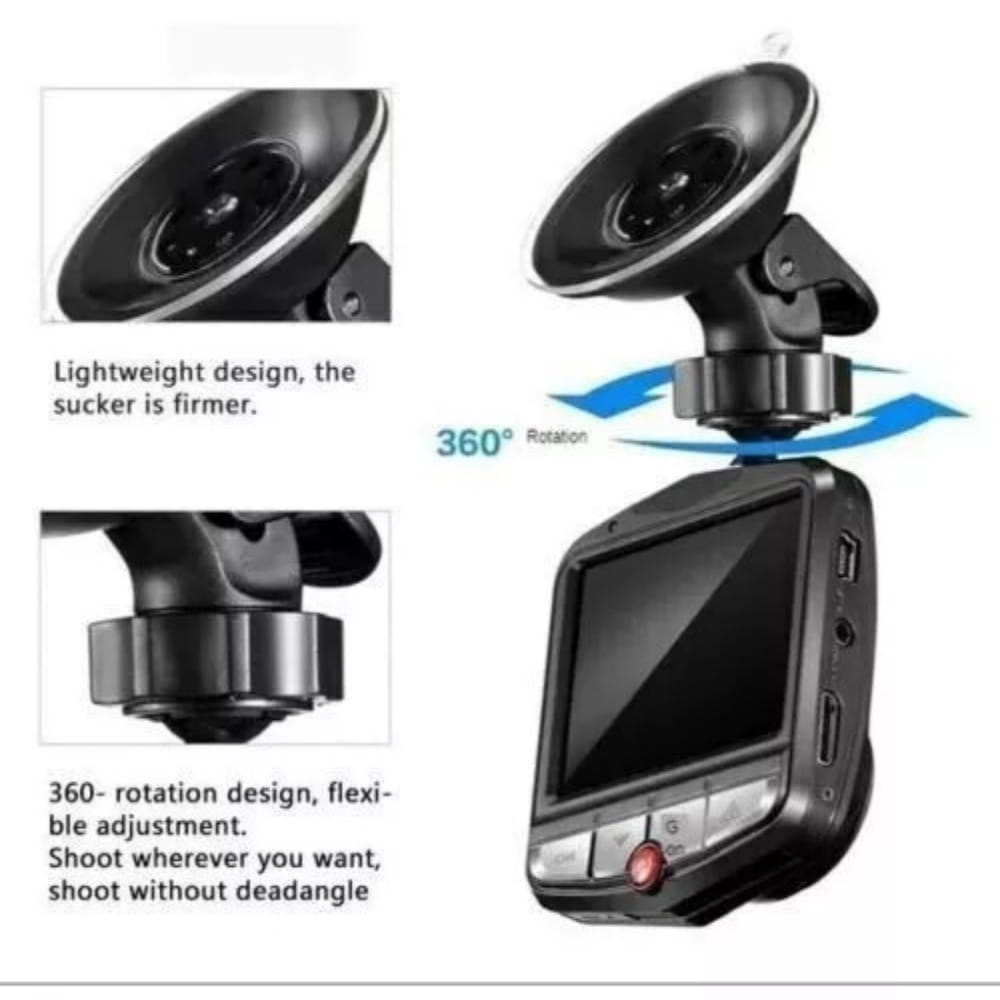 Black 1080p full hd dash cam with night vision featuring a 360-degree rotating suction cup mount and compact lightweight body for car dvr use.