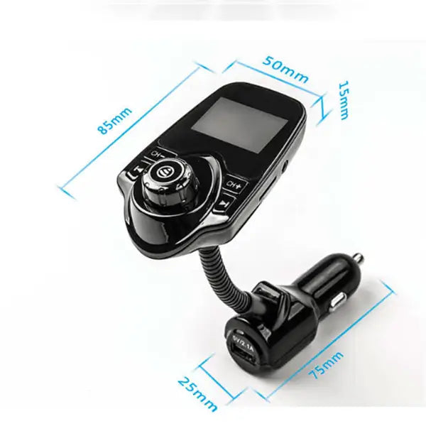 black bluetooth player car adapter with a flexible hose features a black car phone charger with a small screen and control buttons connected to a cigarette lighter plug, suitable for luxury women’s fashion and plus size dresses bikinis use cases.