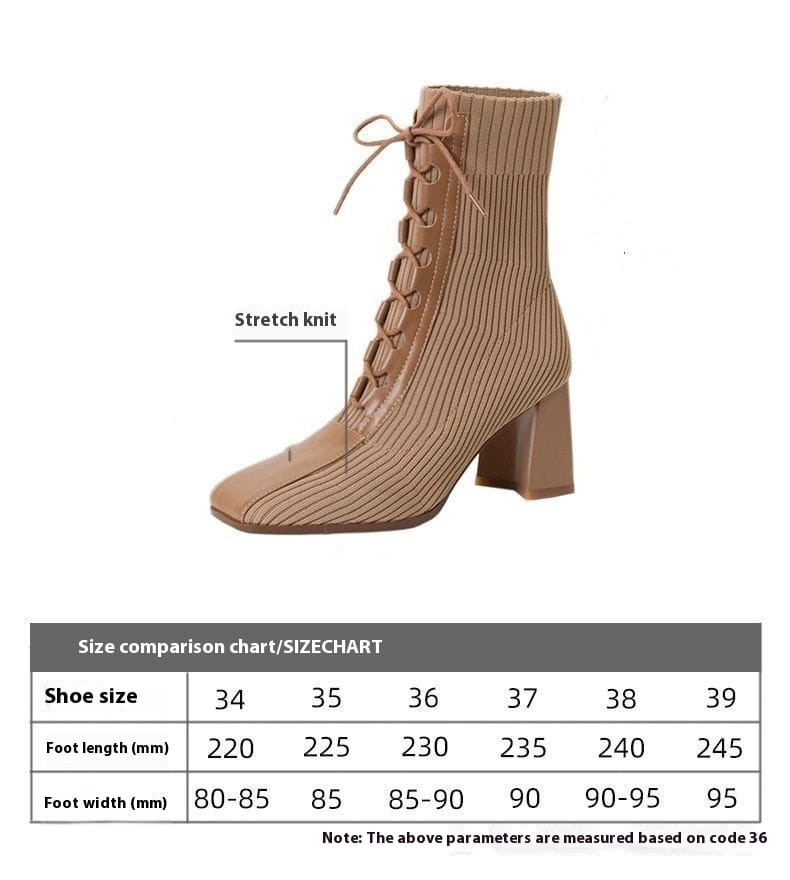 tan lace up square toe chunky heel knit boots featuring fashion patchwork knitting in stretch-knit material with a lace-up front and toe chunky heel design