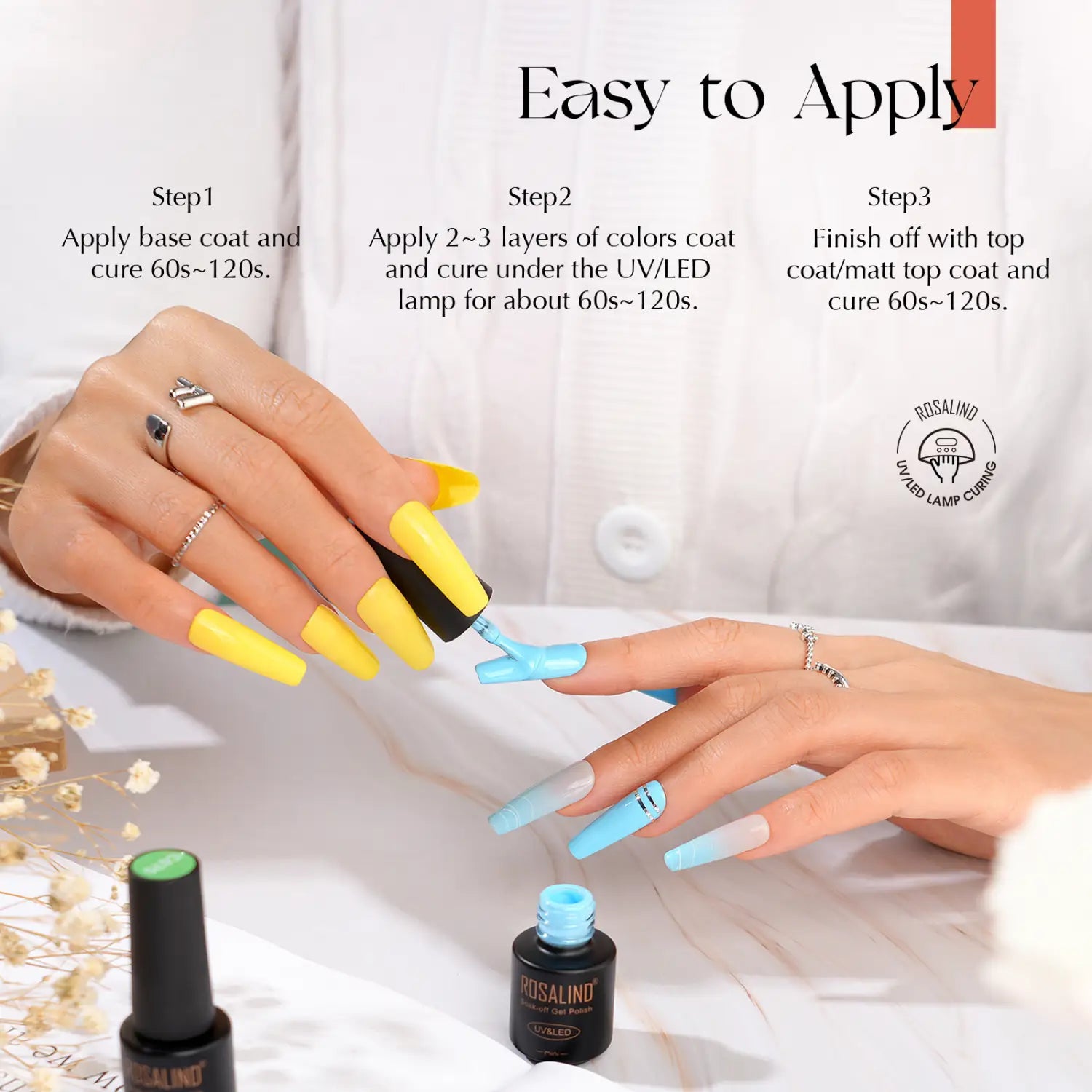 Bright yellow and light blue gradient gel polish being applied to long coffin-shaped nails from a 38 piece gel polish set with 35 colors and a glossy finish.