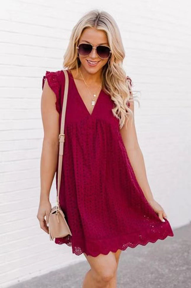 Lace Dresses With Pocket Summer Sleeveless Jacquard Cutout V-Neck Beach Dress - Royalessencelux