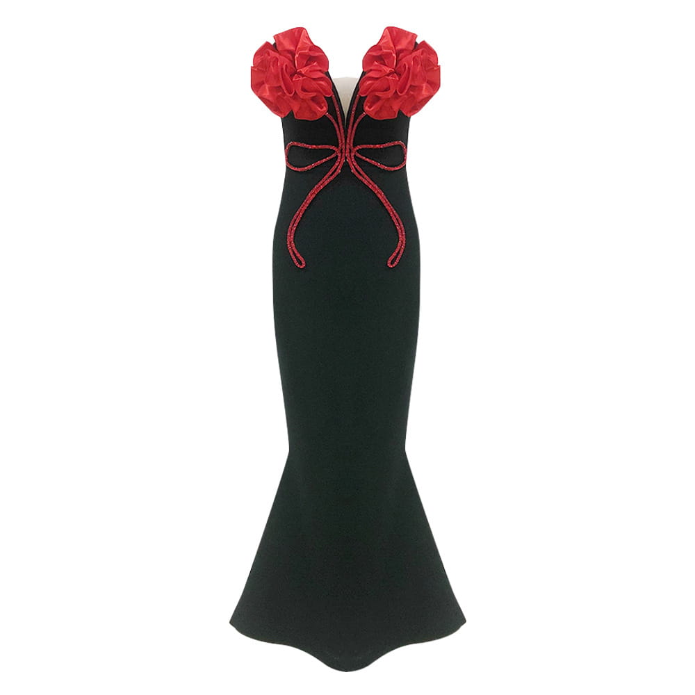 A sleek black mermaid-style White Temperament Socialite flower chain evening dress featuring bold red satin floral accents at the shoulders and a matching beaded bow at the waist.