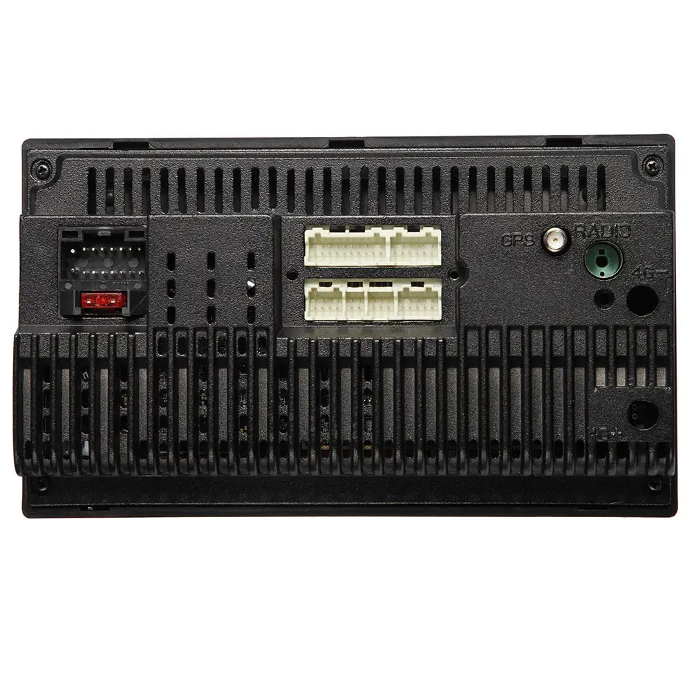 black car stereo with textured rear panel featuring multiple connectors and ventilation slots for 10.2 inch android universal card radio bluetooth player