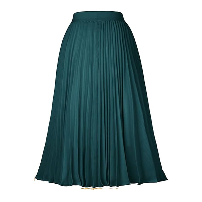 A deep teal pleated midi swing casual skirt with smooth flowing fabric and an elastic waistband for a large swing casual look.